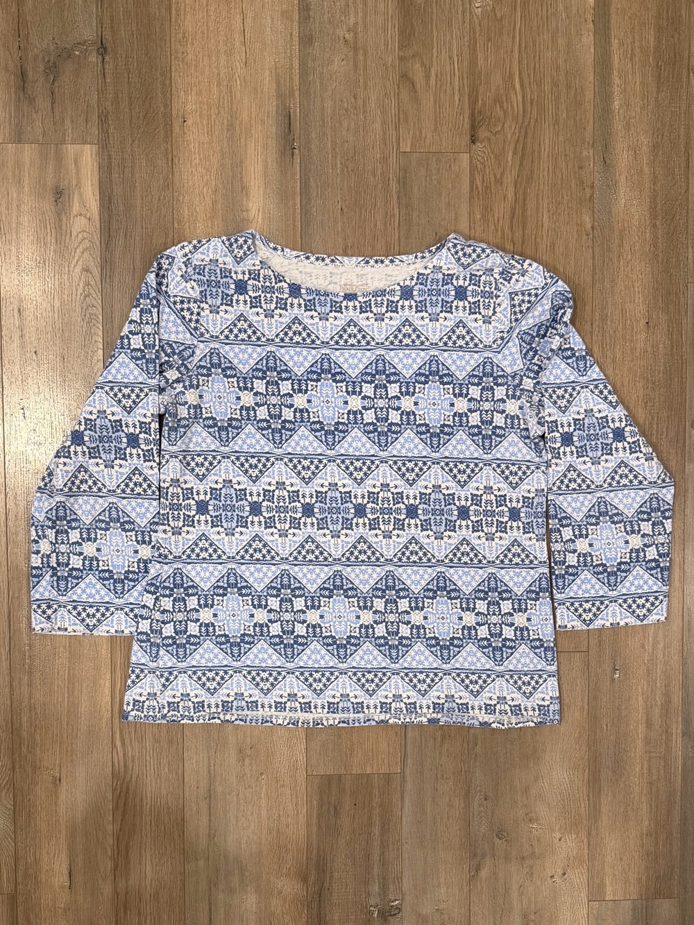 Pendleton Blue & White Geometric Boatneck Long Sleeve Top
